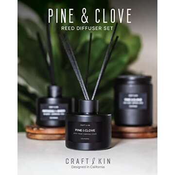 Craft and Kin Fall Reed Diffuser, Black Reed Diffuser Set, Home Fragrance Diffuser, Mens Reed Diffusers for Home, Oil Diffuser Sticks, Oil Diffuser with Sticks, Reed Diffuser for Men, Pine & Clove