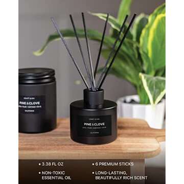 Craft and Kin Fall Reed Diffuser, Black Reed Diffuser Set, Home Fragrance Diffuser, Mens Reed Diffusers for Home, Oil Diffuser Sticks, Oil Diffuser with Sticks, Reed Diffuser for Men, Pine & Clove