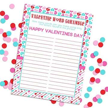 Valentine's Day Word Scramble Scavenger Hunt Holiday Fill In Game Cards, Ten 5" x 7" Fill In The Bla...