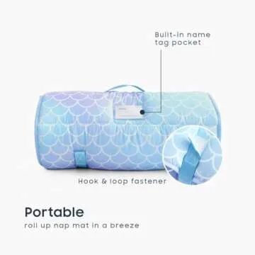 Wake In Cloud - Toddler Nap Mat with Pillow and Blanket, for Kids Girls in Kindergarten Daycare Preschool Pre K, Roll Up Sleeping Bag, Cute Colorful Mermaids, Purple Blue, Extra Long