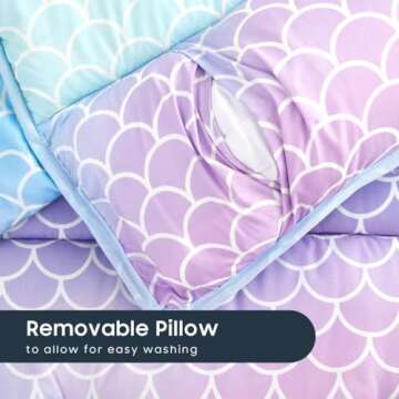 Wake In Cloud - Toddler Nap Mat with Pillow and Blanket, for Kids Girls in Kindergarten Daycare Preschool Pre K, Roll Up Sleeping Bag, Cute Colorful Mermaids, Purple Blue, Extra Long