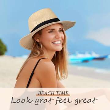 DressVoguer Straw Fedora Sun Hat for Women Men Long Brim Panama Hat Roll Up Trilby Summer Beach Hat UPF 50+ (US, Alpha, One Size, Medium, Beige)