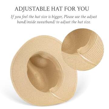 DressVoguer Straw Fedora Sun Hat for Women Men Long Brim Panama Hat Roll Up Trilby Summer Beach Hat UPF 50+ (US, Alpha, One Size, Medium, Beige)