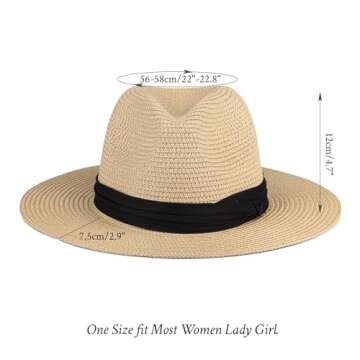 DressVoguer Straw Fedora Sun Hat for Women Men Long Brim Panama Hat Roll Up Trilby Summer Beach Hat UPF 50+ (US, Alpha, One Size, Medium, Beige)