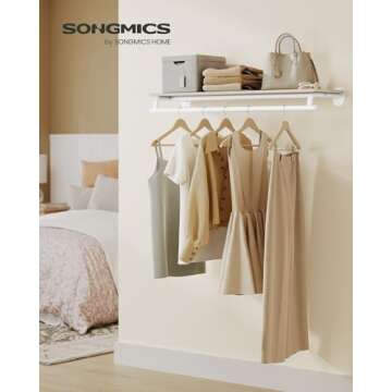 SONGMICS Clothes Rack with Top Shelf, Wall Mounted Clothing Rack, with Hanging Rod, Loads up to 132 ...