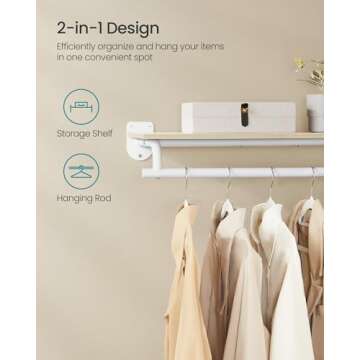 SONGMICS Clothes Rack with Top Shelf, Wall Mounted Clothing Rack, with Hanging Rod, Loads up to 132 lb, 11 x 42.9 x 5.2 Inches, Entryway, Bedroom, Closet, Natural Beige and Cloud White UHSR135W01