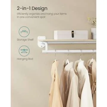 SONGMICS Clothes Rack with Top Shelf, Wall Mounted Clothing Rack, with Hanging Rod, Loads up to 132 lb, 11 x 42.9 x 5.2 Inches, Entryway, Bedroom, Closet, Natural Beige and Cloud White UHSR135W01