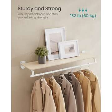 SONGMICS Clothes Rack with Top Shelf, Wall Mounted Clothing Rack, with Hanging Rod, Loads up to 132 lb, 11 x 42.9 x 5.2 Inches, Entryway, Bedroom, Closet, Natural Beige and Cloud White UHSR135W01