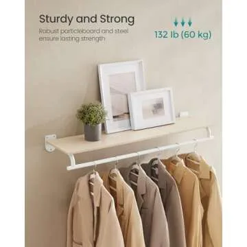 SONGMICS Clothes Rack with Top Shelf, Wall Mounted Clothing Rack, with Hanging Rod, Loads up to 132 lb, 11 x 42.9 x 5.2 Inches, Entryway, Bedroom, Closet, Natural Beige and Cloud White UHSR135W01