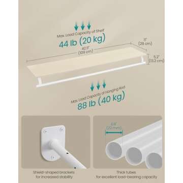 SONGMICS Clothes Rack with Top Shelf, Wall Mounted Clothing Rack, with Hanging Rod, Loads up to 132 lb, 11 x 42.9 x 5.2 Inches, Entryway, Bedroom, Closet, Natural Beige and Cloud White UHSR135W01