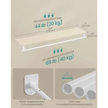 SONGMICS Clothes Rack with Top Shelf, Wall Mounted Clothing Rack, with Hanging Rod, Loads up to 132 lb, 11 x 42.9 x 5.2 Inches, Entryway, Bedroom, Closet, Natural Beige and Cloud White UHSR135W01