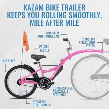 KaZAM Co-Pilot Bike Trailer - 20 Inch Bike Trailer with Adjustable BMX Stem and Handlebar - Lightweight Aluminum Frame and Padded Saddle for Cycling - Perfect for Family Rides - Pink