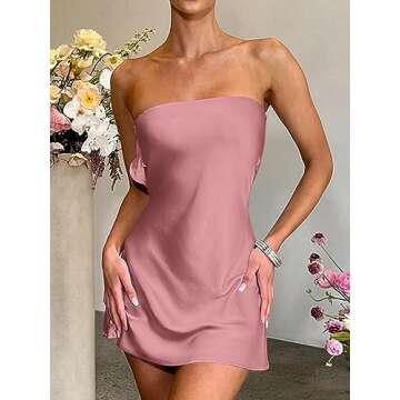 LYANER Women's Satin Silk Hollow Out Back Strapless Tube Bodycon Club Mini Dress