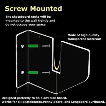 UCINNOVATE 4 Packs Acrylic Skateboard Wall Mount 1/6 inch Thick Longboard Skateboard Rack, Transparent Snowboard Hanger for Storage Holder Deck Display, Fit Surfskate, Skis, Penny Boards