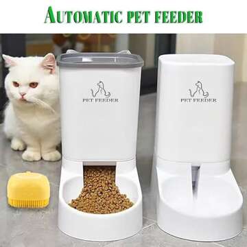 Pet Feeder Automatic Cat/Dog Food Feeder and Waterer 3.8L Pet Self-Dispensing for Small/Medium Pet,1 Complimentary Bath Brush for Pet