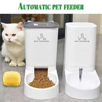 Pet Feeder Automatic Cat/Dog Food Feeder and Waterer 3.8L Pet Self-Dispensing for Small/Medium Pet,1 Complimentary Bath Brush for Pet