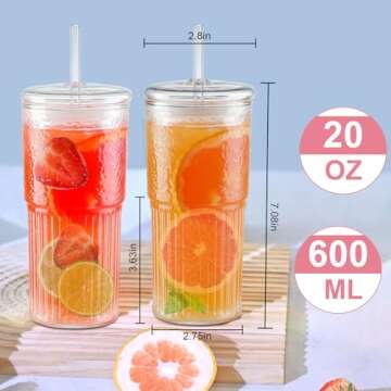 Glass Cups with Lids and Glass Straws, 20OZ Drinking Glasses 2Pcs, Glass Tumbler with Straw and Lid High Borosilicate Glass Tumbler Iced Coffee Cup Water Glass Cups
