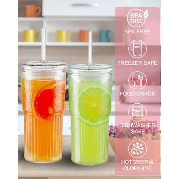 Glass Cups with Lids and Glass Straws, 20OZ Drinking Glasses 2Pcs, Glass Tumbler with Straw and Lid High Borosilicate Glass Tumbler Iced Coffee Cup Water Glass Cups