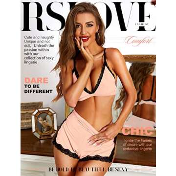 RSLOVE Sexy Pajamas for Women Soft Lace Lingerie Set Trim Sleepwear 2 piece Pjs Shorts Set Light Pin...
