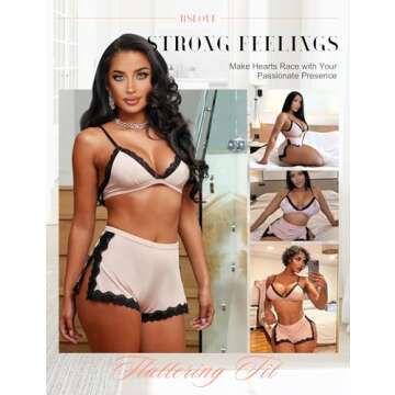 RSLOVE Sexy Pajamas for Women Soft Lace Lingerie Set Trim Sleepwear 2 piece Pjs Shorts Set Light Pink L