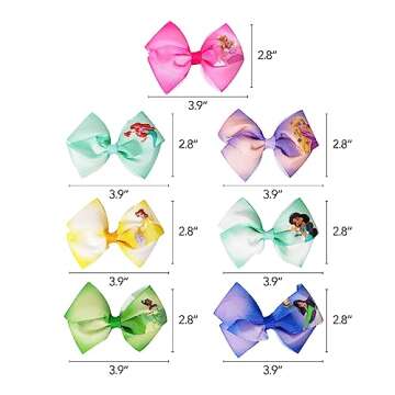 Disney Princess - Girls Hair Accessories Gift Set - Kids Hair Bows - 7 Pcs 4 Inch Bundle - Different Princess on Each Clip - Alligator Clip Ages 3+