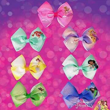 Disney Princess - Girls Hair Accessories Gift Set - Kids Hair Bows - 7 Pcs 4 Inch Bundle - Different Princess on Each Clip - Alligator Clip Ages 3+