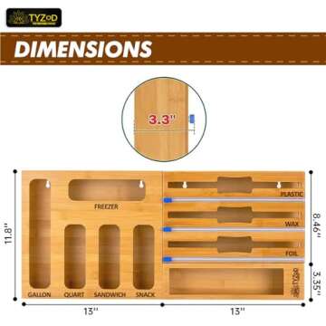 TYZOD Bamboo Kitchen Bag Organizer & Wrap Dispenser