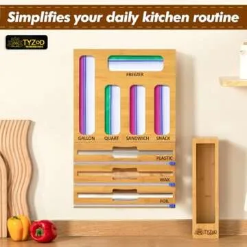 TYZOD Bamboo Kitchen Bag Organizer & Wrap Dispenser