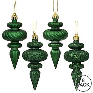 Vickerman 4" 4-Finish Finial Ornament, Shatterproof Plastic Christmas Tree Decoration, 8 Pack, Emera...