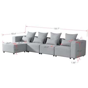 BIOEVER Modern Large L-Shape Sectional Sofa with Movable Ottoman,4 Seater Convertible Couch Sleeper ...