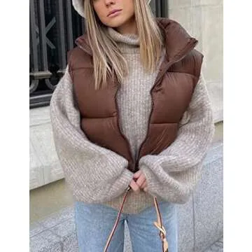 APAFES Womens Winter Cropped Puffer Vest High Stand Collar Lightweight Insulated Crop Vests Outerwear(0640-Brown-L)