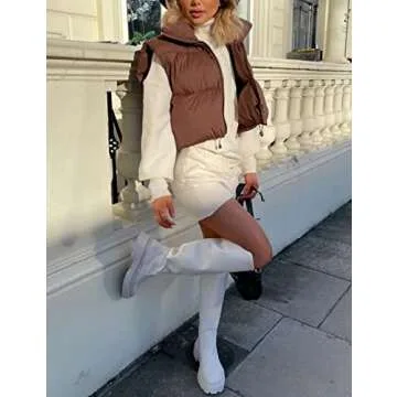 APAFES Womens Winter Cropped Puffer Vest High Stand Collar Lightweight Insulated Crop Vests Outerwear(0640-Brown-L)