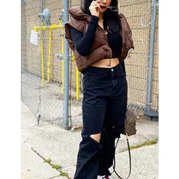 APAFES Womens Winter Cropped Puffer Vest High Stand Collar Lightweight Insulated Crop Vests Outerwear(0640-Brown-L)