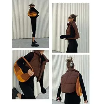 APAFES Womens Winter Cropped Puffer Vest High Stand Collar Lightweight Insulated Crop Vests Outerwear(0640-Brown-L)