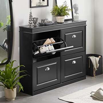 Haotian Black Shoe Cabinet with 4 Flip Drawers, Large Freestanding Shoe Rack, Modern Shoe Storage Ca...
