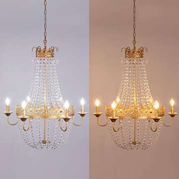 Wellmet French Empire Crystal Chandelier Modern Adjustable Hanging Pendant Ceiling Mount Light Fixture for Hallway Dining Living Room Bedroom Foyer, H 38.2" x W 31.5", Gold, 6-Light, E12 Base