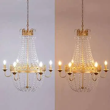 Wellmet French Empire Crystal Chandelier Modern Adjustable Hanging Pendant Ceiling Mount Light Fixture for Hallway Dining Living Room Bedroom Foyer, H 38.2" x W 31.5", Gold, 6-Light, E12 Base