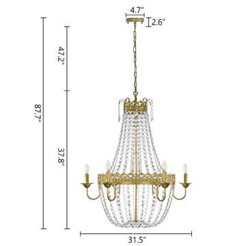 Wellmet French Empire Crystal Chandelier Modern Adjustable Hanging Pendant Ceiling Mount Light Fixture for Hallway Dining Living Room Bedroom Foyer, H 38.2" x W 31.5", Gold, 6-Light, E12 Base