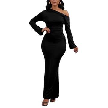 Women's Sexy Bodycon One Shoulder Long Sleeve Ruffle Maxi Club Party Cocktail Long Dress Black Medium