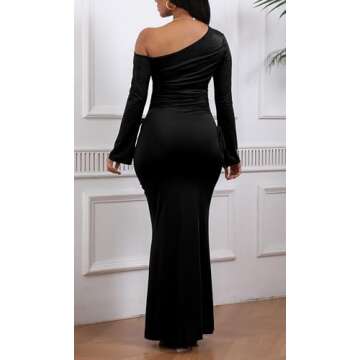 Women's Sexy Bodycon One Shoulder Long Sleeve Ruffle Maxi Club Party Cocktail Long Dress Black Medium