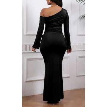 Women's Sexy Bodycon One Shoulder Long Sleeve Ruffle Maxi Club Party Cocktail Long Dress Black Medium