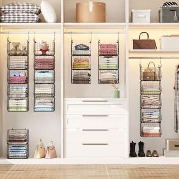 5 Tier Closet Hanging Organizer, Clothes Hanging Shelves with 4 Hanging Hooks 5 S Hooks, Wire Storag...