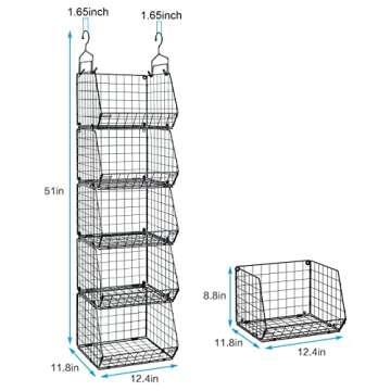 5 Tier Closet Hanging Organizer, Clothes Hanging Shelves with 4 Hanging Hooks 5 S Hooks, Wire Storage Basket Bins, for Clothing Sweaters Shoes Handbags Clutches Accessories Patent Design