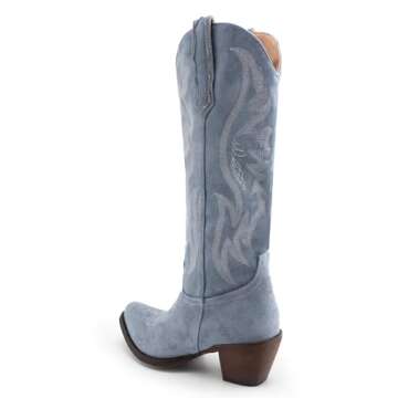 KaroNairy Women Cowboy Boots Faux Suede Embroidered Pointed Thick Heeled Western Wide Calf Cowgirl Ponited Toe Mid Calf Boots Blue9.5