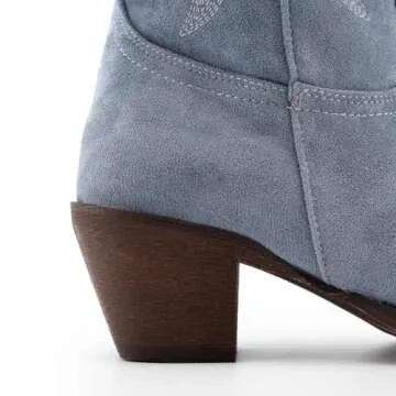 KaroNairy Women Cowboy Boots Faux Suede Embroidered Pointed Thick Heeled Western Wide Calf Cowgirl Ponited Toe Mid Calf Boots Blue9.5