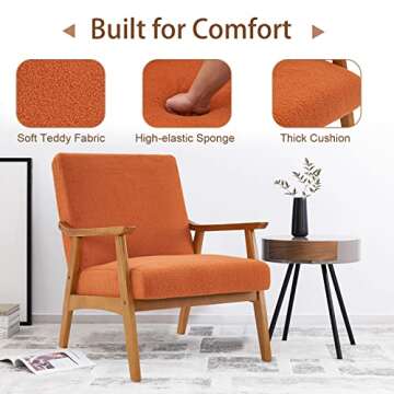 TehRecBT Mid Century Modern Accent Chair, Upholstered Teddy Fleece Armchair with Solid Wood Frame, Comfy Single Sofa Lounge Chair Reading Armrest Chair for Living Room Bedroom