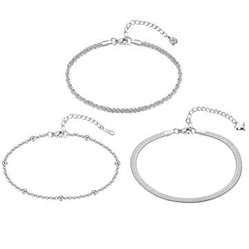 Sparkling Ankle Bracelets for Women Set,Layered Beaded Snake Chain Silver Anklets for Women Dainty C...