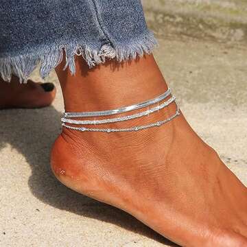 Sparkling Ankle Bracelets for Women Set,Layered Beaded Snake Chain Silver Anklets for Women Dainty Cute Beach Anklet Jewelry Gifts