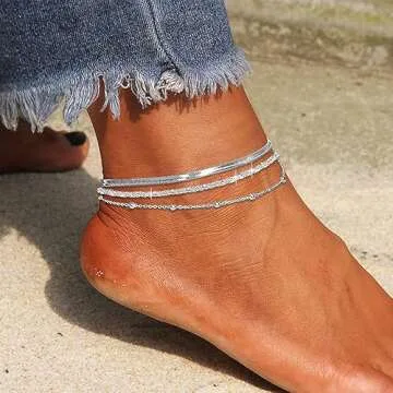 Sparkling Ankle Bracelets for Women Set,Layered Beaded Snake Chain Silver Anklets for Women Dainty Cute Beach Anklet Jewelry Gifts