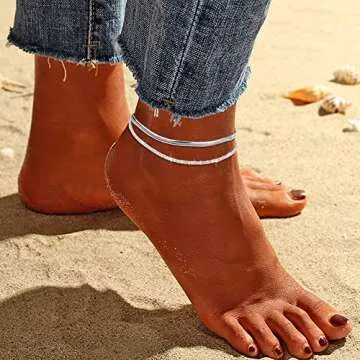 Sparkling Ankle Bracelets for Women Set,Layered Beaded Snake Chain Silver Anklets for Women Dainty Cute Beach Anklet Jewelry Gifts